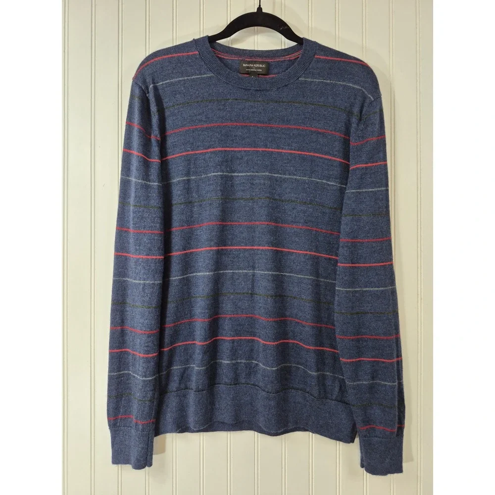 Banana Republic Mens Blue Striped 100% Merino Wool Crewneck Sweater Large